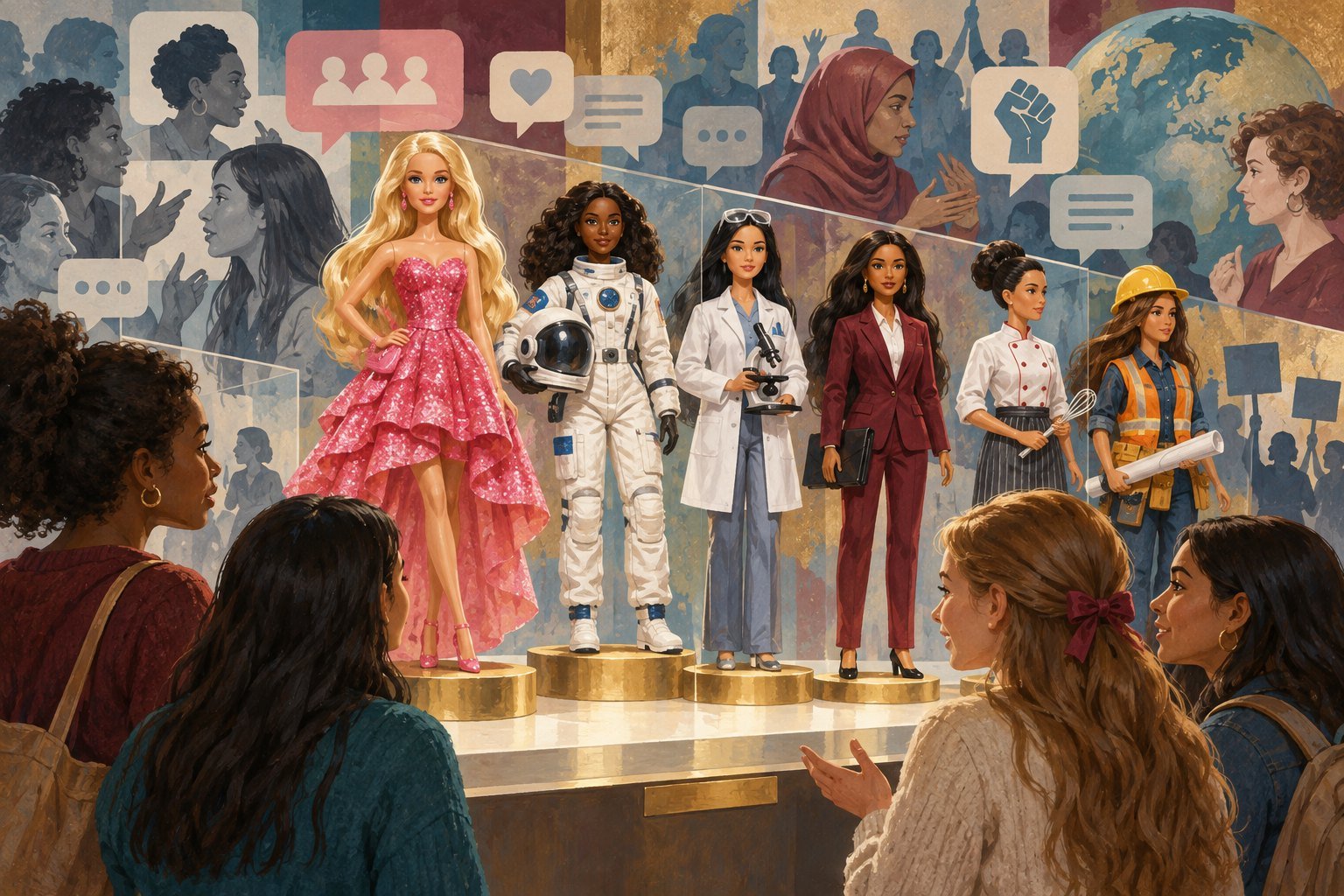 Illustration of a row of Barbie dolls in careers from astronaut to scientist to construction worker on a stage, watched by young women and surrounded by social media speech bubbles.