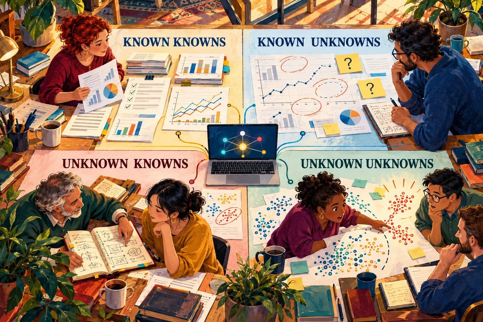 Illustration of a large table seen from above, divided into four labeled quadrants: known knowns, known unknowns, unknown knowns, and unknown unknowns. Teams work over charts and notebooks in each, with a laptop at the center linking all four.