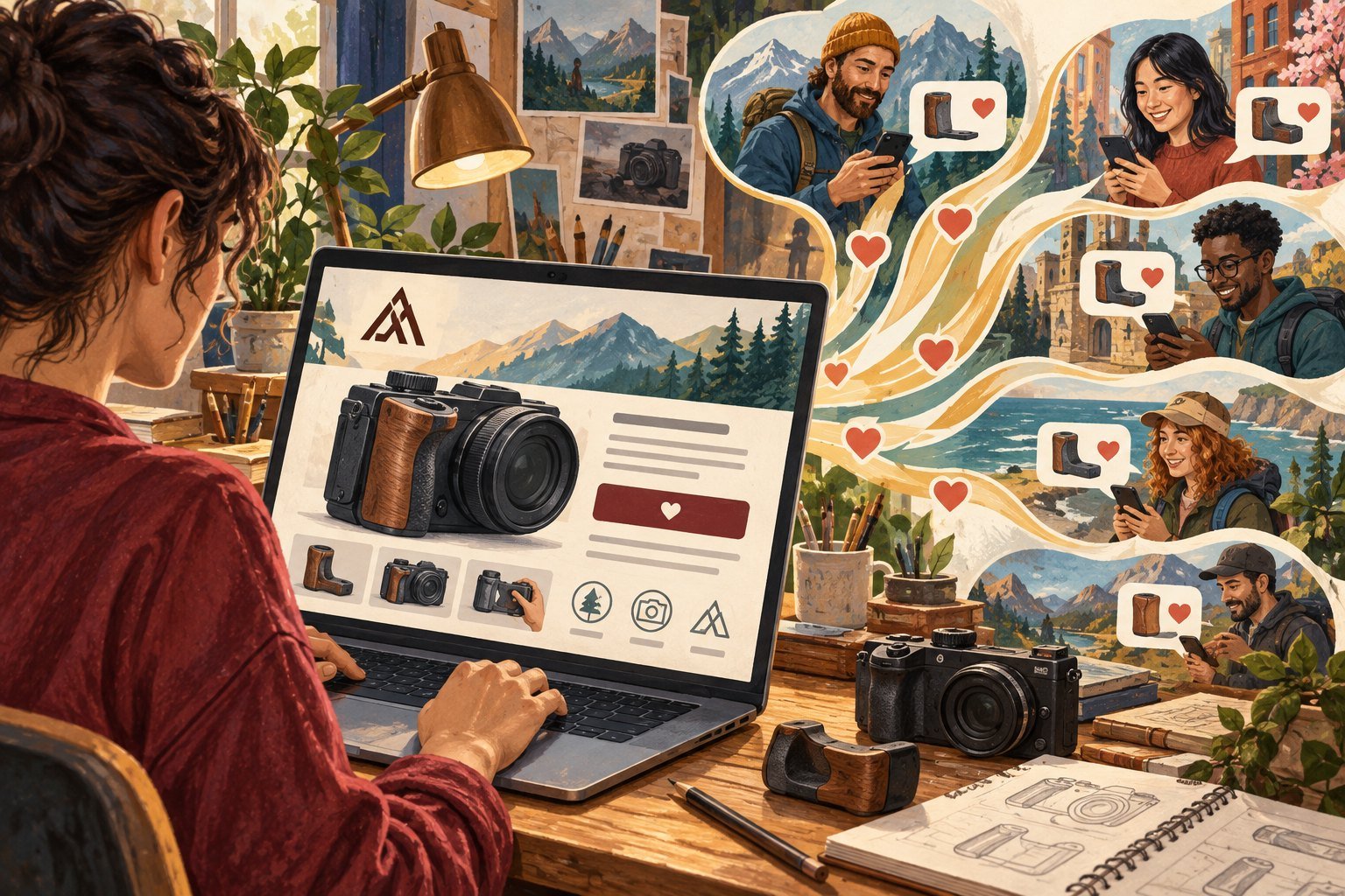 Illustration of a designer building a crowdfunding page for a camera accessory on a laptop, with a stream of backers on phones reacting with hearts and pledges.