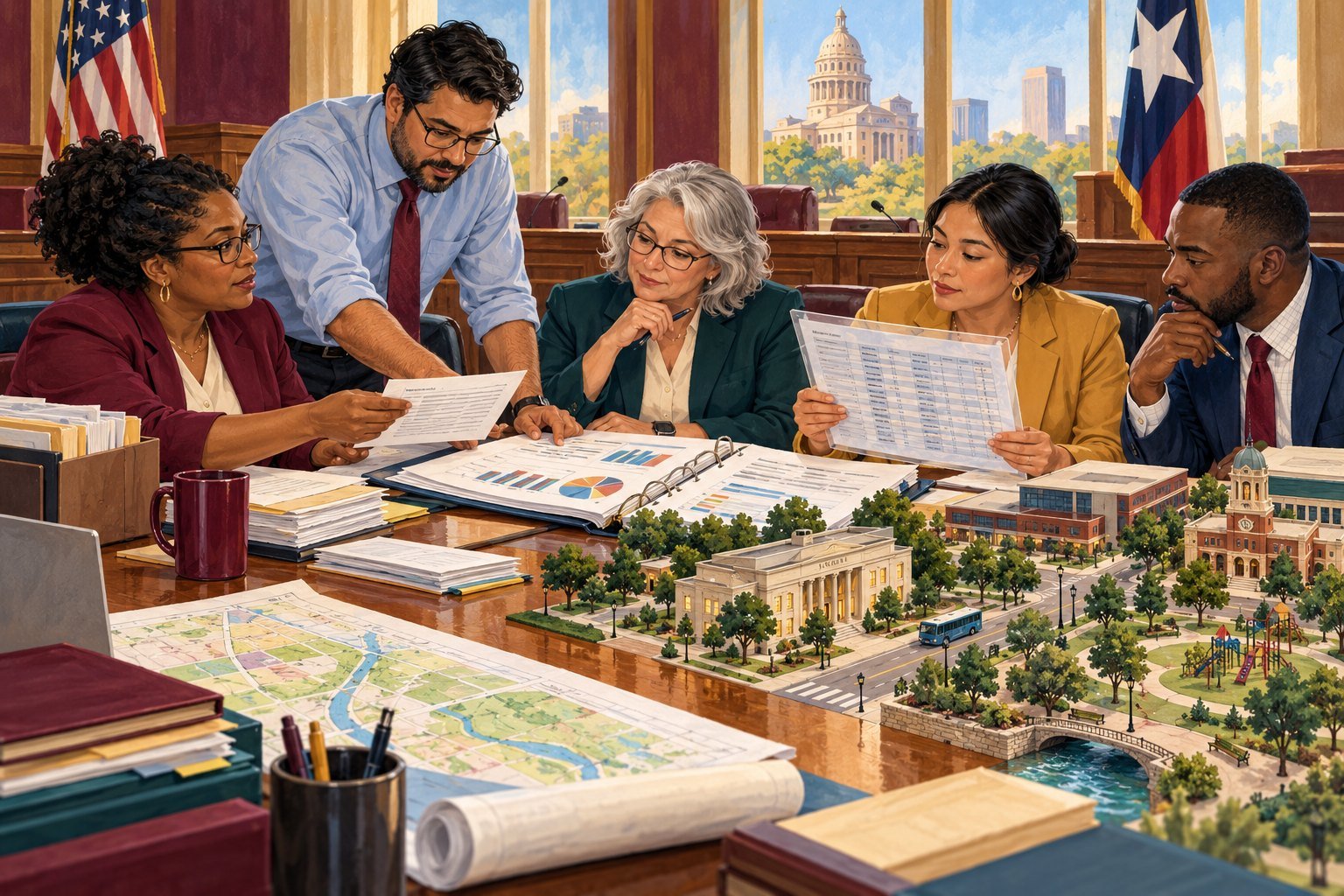 Illustration of five local government finance officers reviewing budget reports and maps at a table, with a scale model of a town and a Texas state capitol dome in the window.