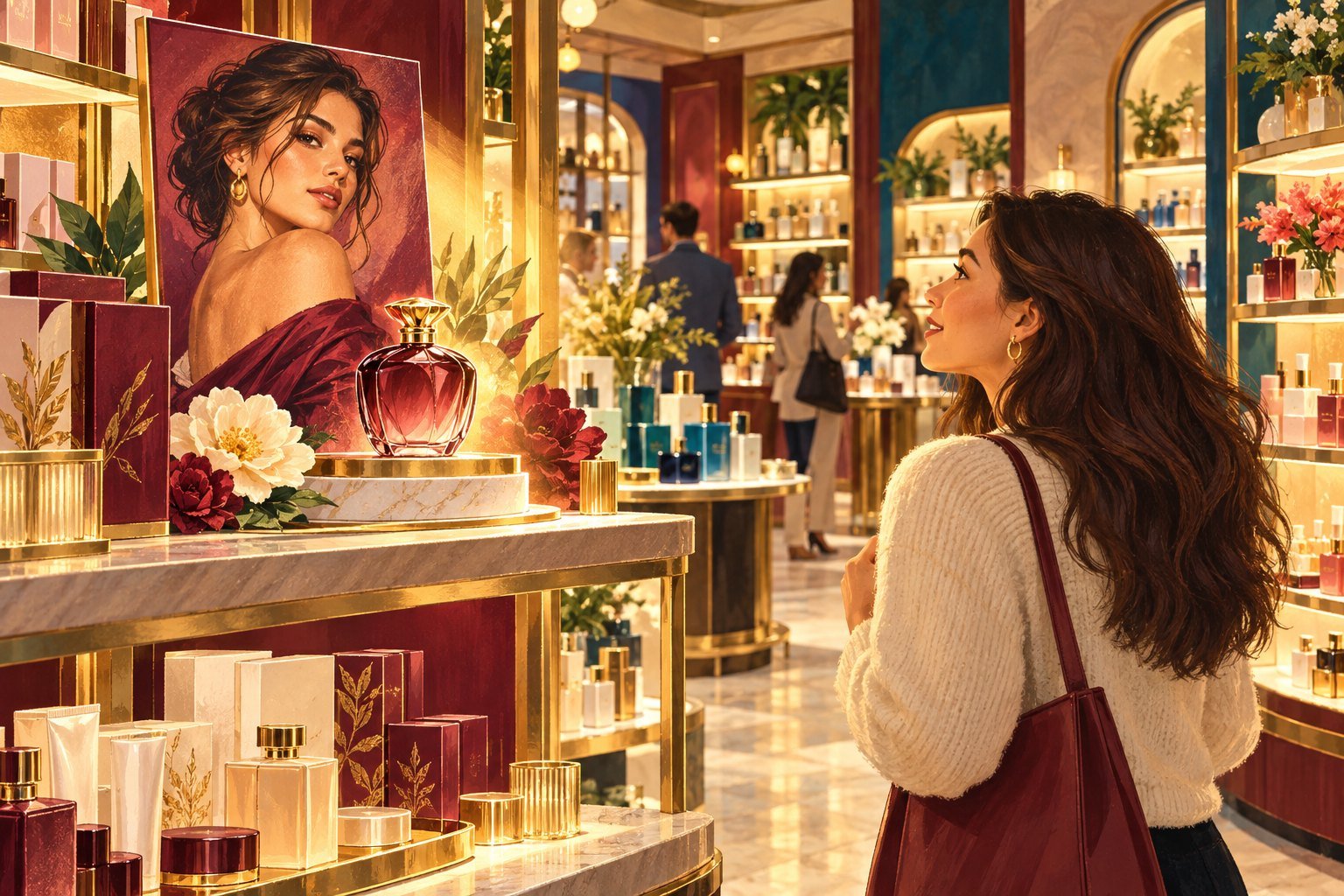 Illustration of a shopper in a bright beauty store looking at a celebrity-fronted perfume display with a glamorous portrait, flowers, and gold-trimmed shelves.