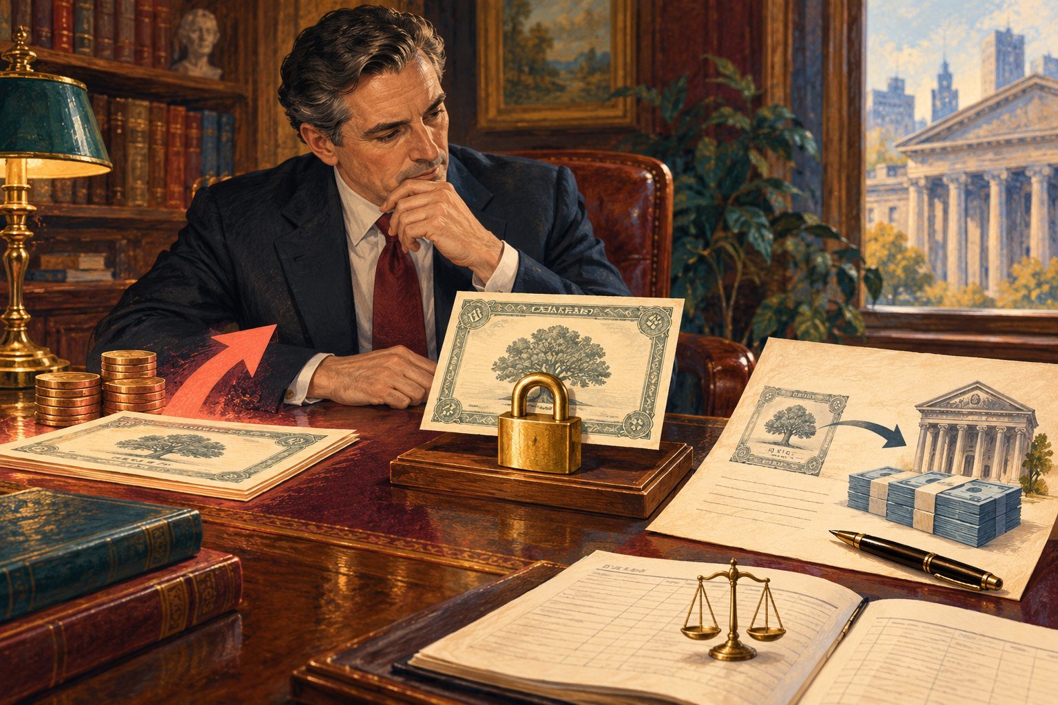 Illustration of an executive in a wood-paneled office weighing a stock certificate secured by a padlock against a diagram of shares exchanged for a stack of cash from a bank.