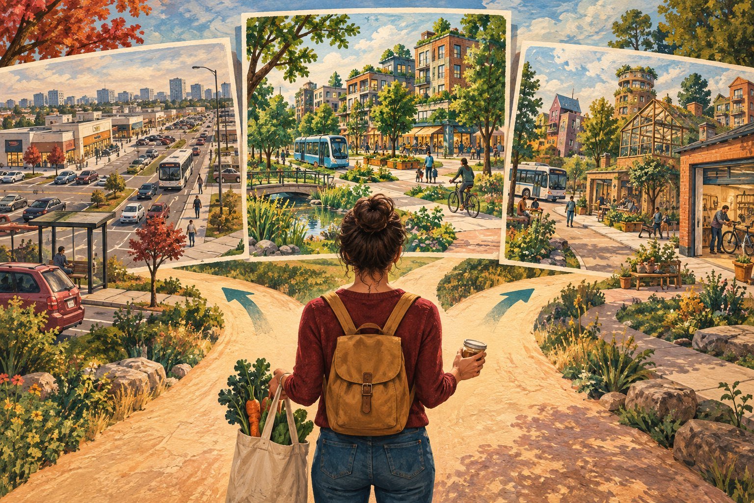 Illustration of a shopper with a tote bag standing at a fork in a path, facing three scenes of a possible future city: car-dominated, green and transit-based, and community-focused.