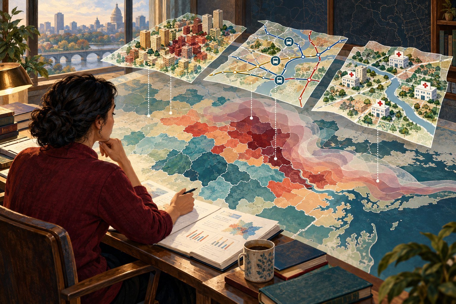 Illustration of an analyst studying a color-coded county map on a desk, with smaller maps of cities, roads, and hospitals layered above it.