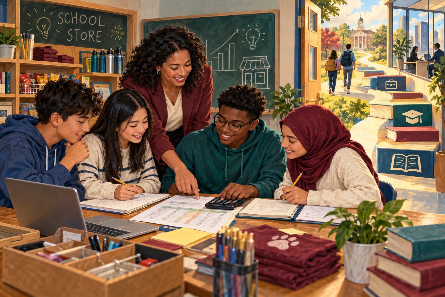 Illustration of a teacher guiding four high school students through a budgeting exercise for a school store, with a path to a college campus in the background.