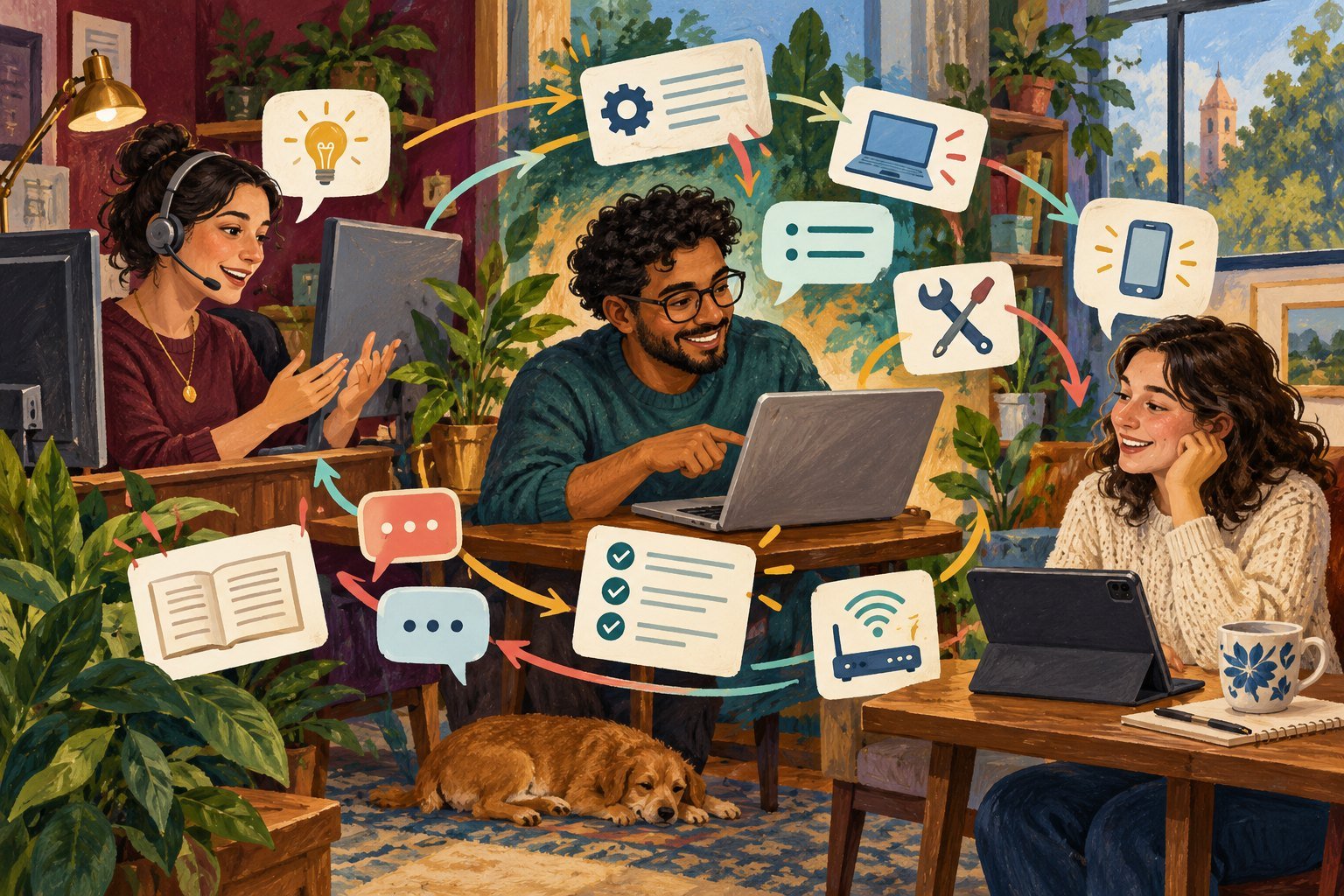 Illustration of a support agent, a company employee, and a customer at home exchanging ideas, guides, tools, and feedback through a loop of connected message bubbles.