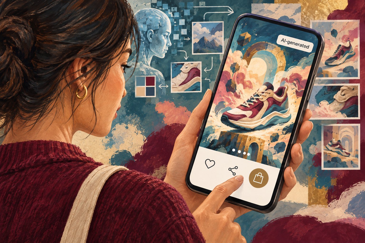 Illustration of a woman viewing a sneaker ad on her phone that carries an AI-generated label, with like, share, and buy buttons below it and abstract AI imagery around her.