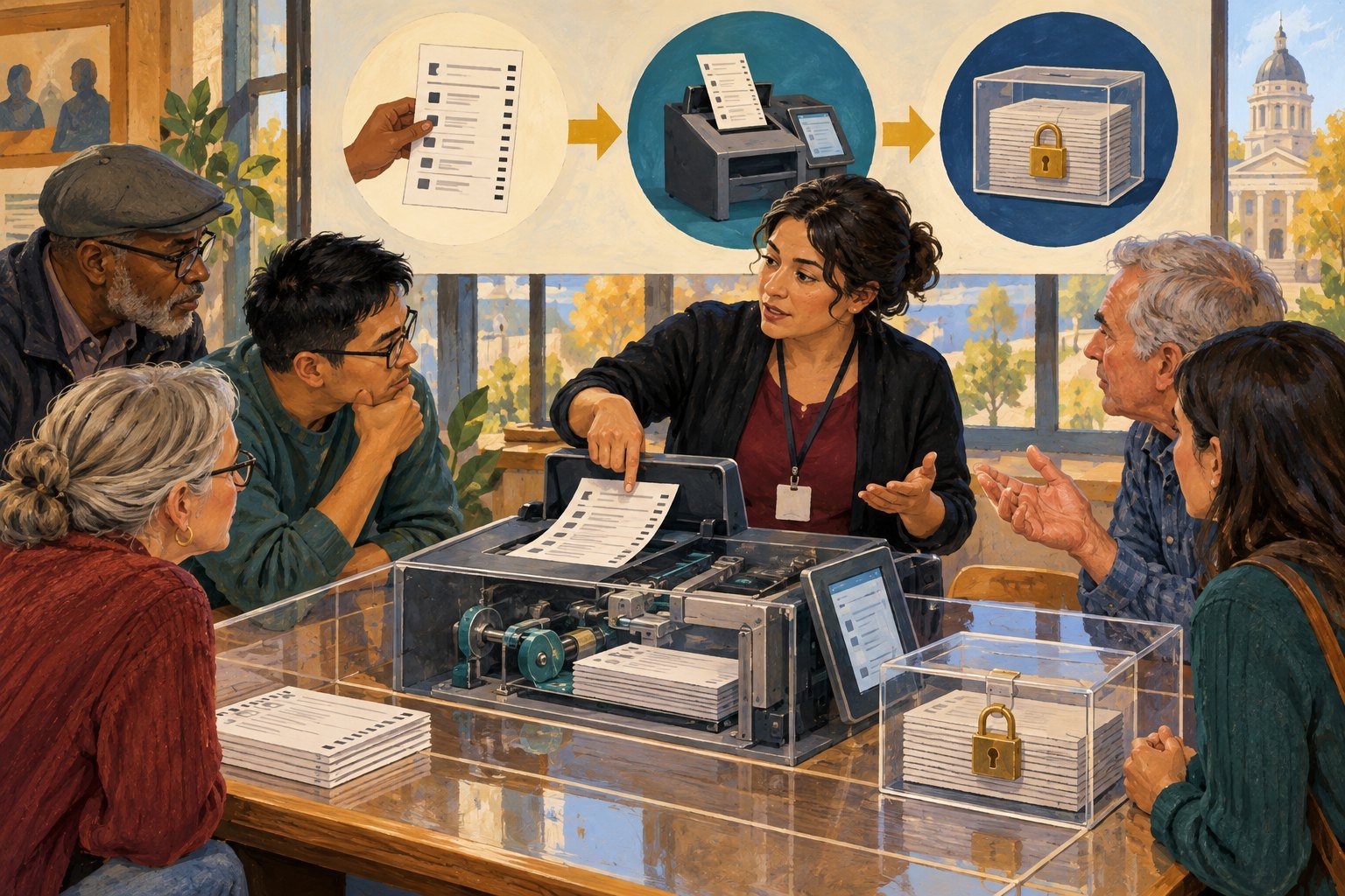 Illustration of an election official demonstrating a ballot scanner and sealed ballot box to a group of skeptical and curious voters, with a poster showing the steps of the process.