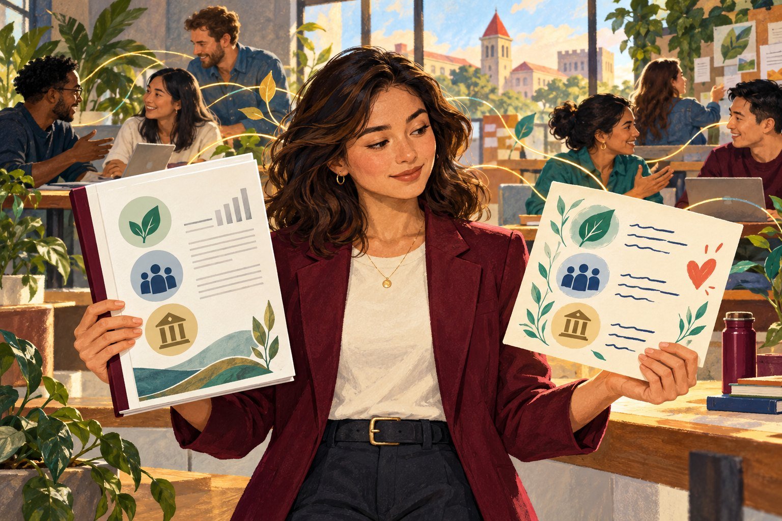 Illustration of an employee holding two versions of a sustainability report, one formal and one warm and hand-drawn, in an office full of plants and coworkers.