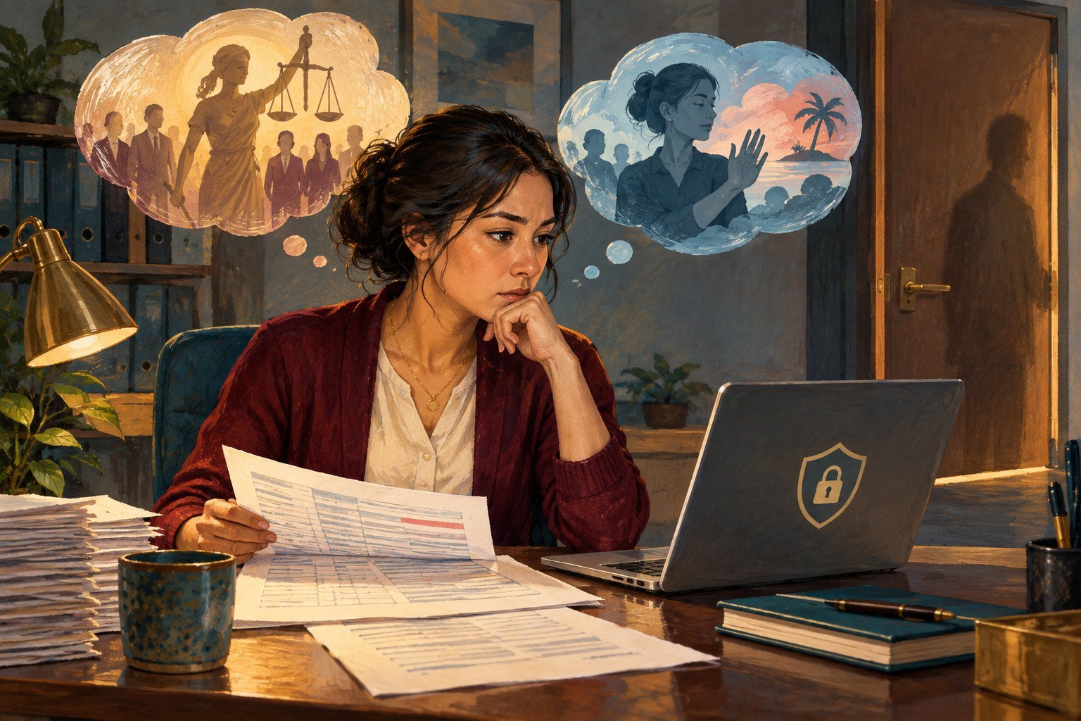 Illustration of an employee at a desk holding a suspicious report, torn between a thought bubble of justice and a thought bubble of a colleague offering excuses.