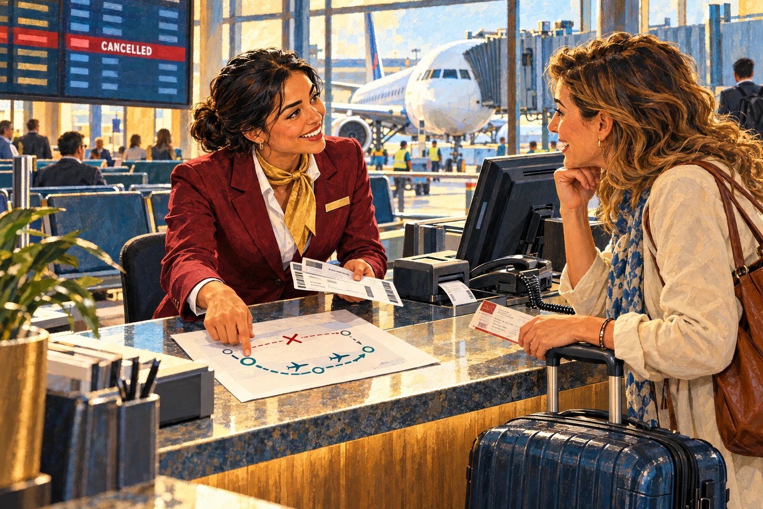 Illustration of an airline agent at an airport counter, smiling as she points to a hand-drawn alternate route on a map for a traveler whose flight shows as cancelled on the board behind them.