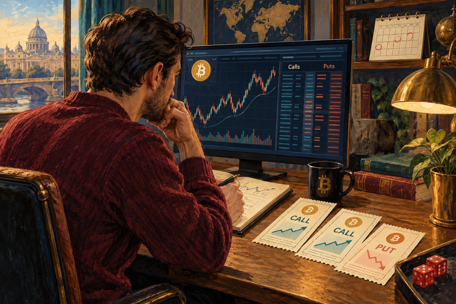 Illustration of a trader watching a Bitcoin options chart on a monitor, with call and put tickets, dice, and a calendar marked with expiration dates on the desk.