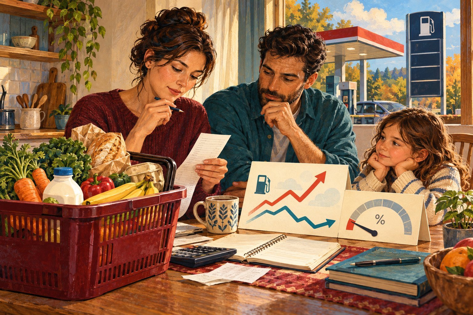 Illustration of a family at a kitchen table reviewing bills and a rising gas price chart beside a basket of groceries, with a gas station visible through the window.