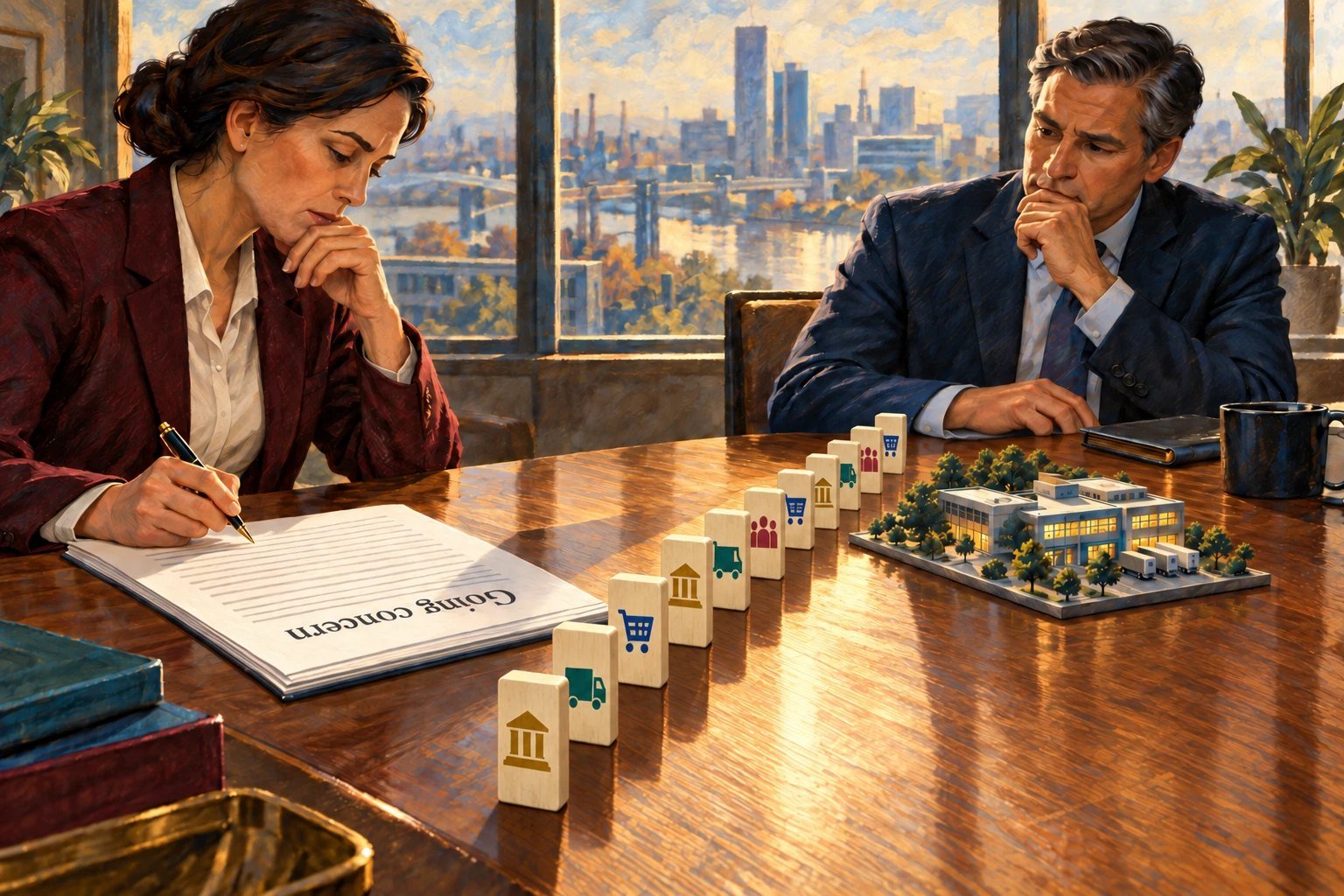 Illustration of an auditor pausing with her pen over a report labeled going concern, while a worried executive watches a line of dominoes marked with bank, supplier, customer, and employee icons leading toward a model of his company.
