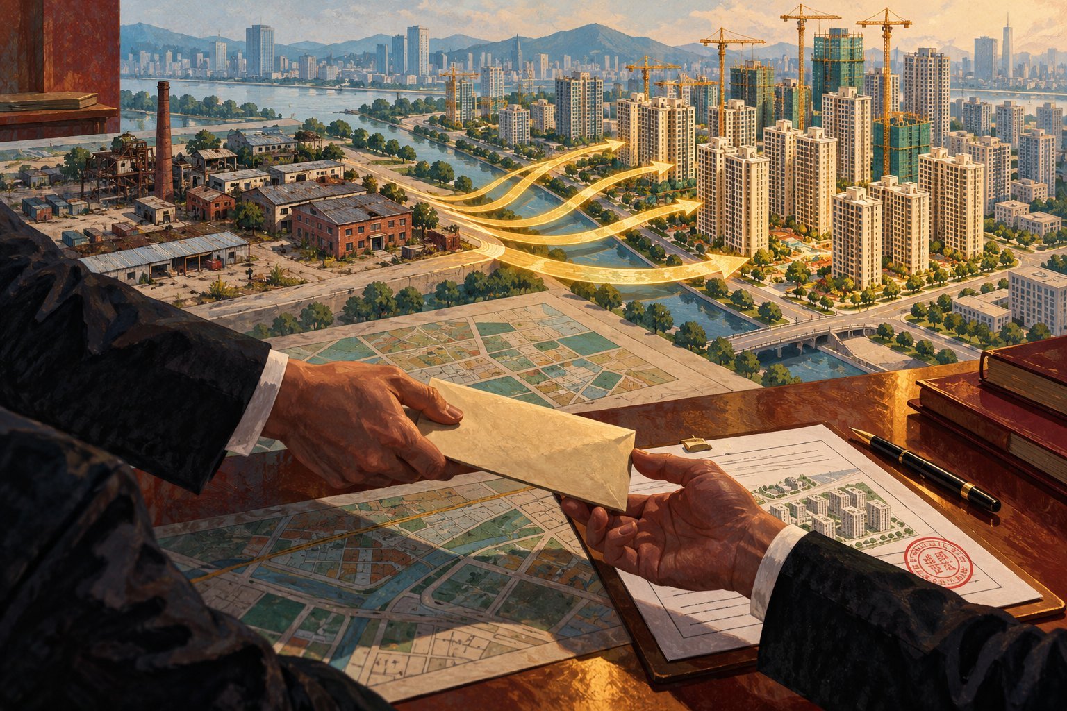Illustration of two hands exchanging an envelope over city plans, with new residential towers rising on one side of a river and an aging factory district on the other.