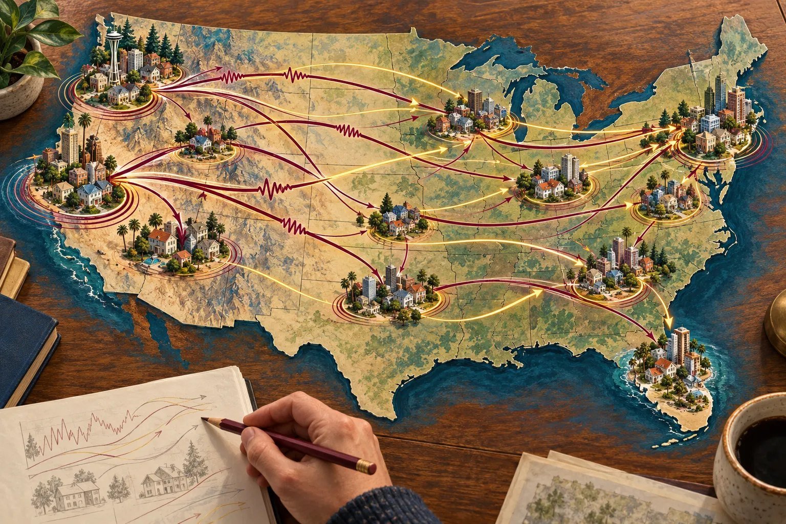 Illustration of a map of the United States on a desk, with miniature cities connected by red and gold arrows carrying volatility waves between housing markets, and a hand sketching price charts in a notebook.