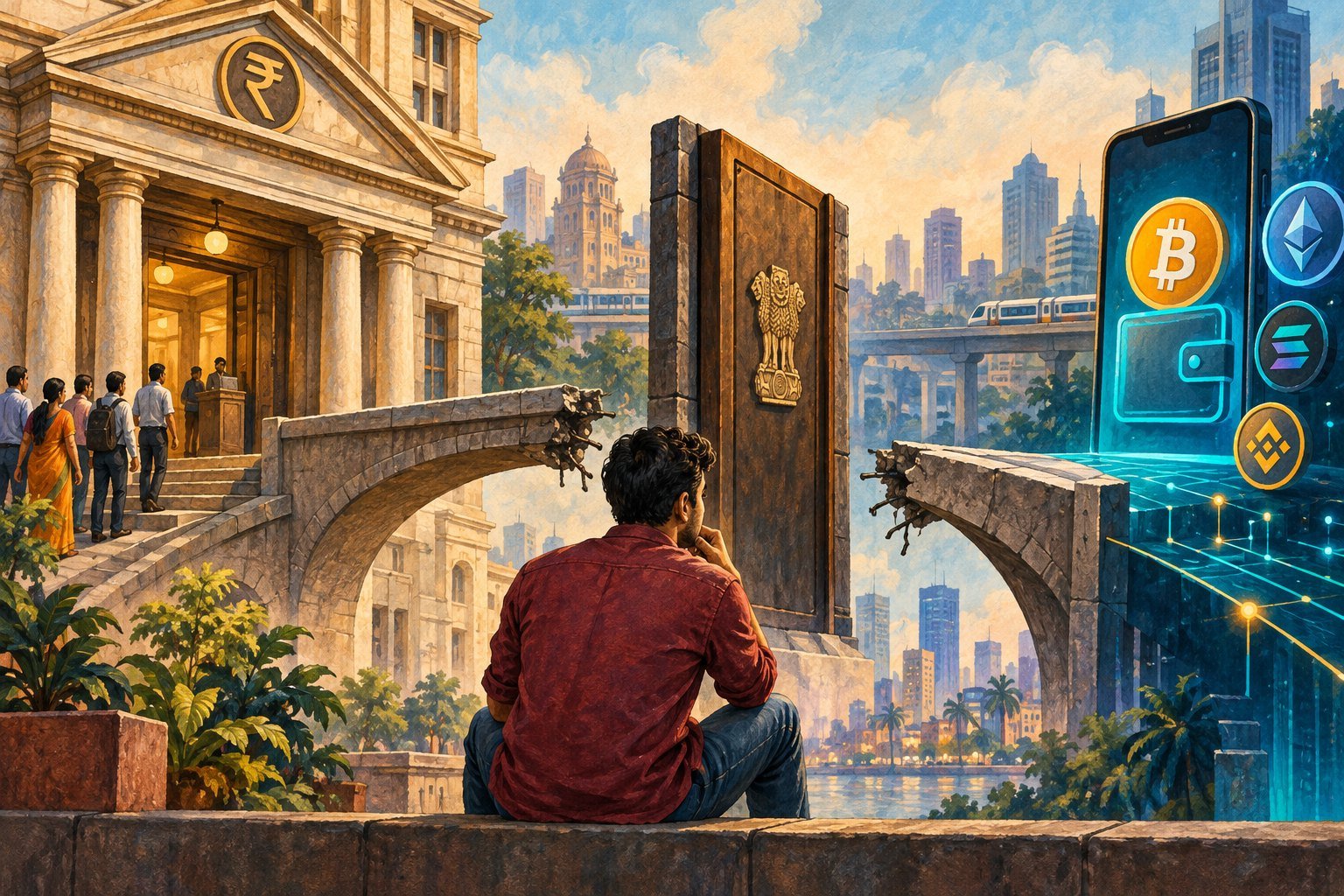 Illustration of a man seated between a classical bank building on one side and a glowing phone screen of cryptocurrency logos on the other, with a broken bridge between them.