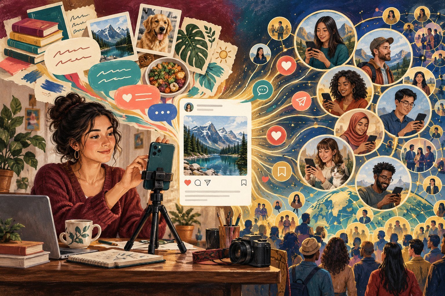 Illustration of an influencer filming a post on a phone, with her content flowing out as a network of followers on their own phones.