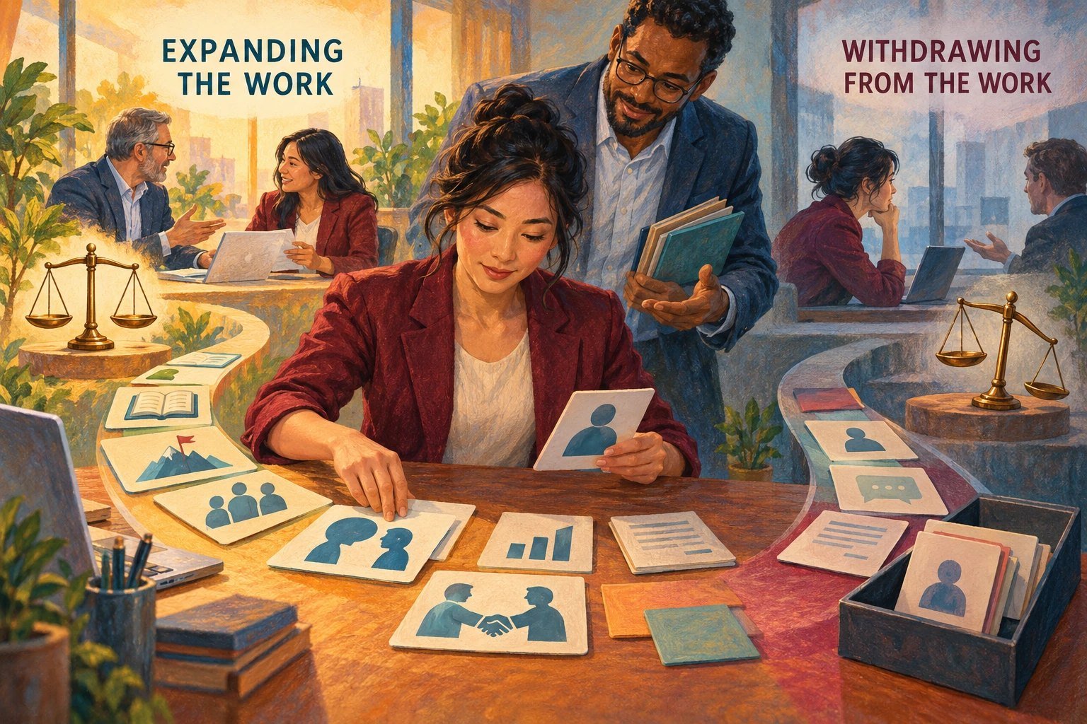 Illustration of a salesperson at a desk sorting task cards along two paths labeled expanding the work and withdrawing from the work, with a manager offering support beside her and a set of scales at the end of each path.