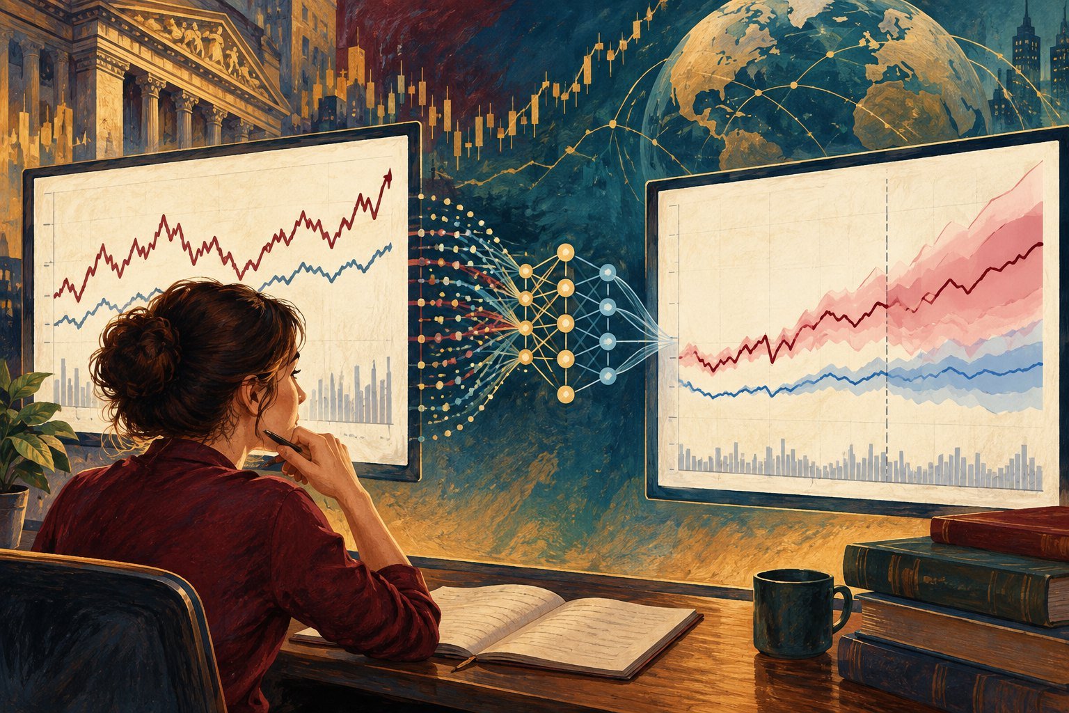 Illustration of an analyst between two large screens, one showing volatile stock charts and the other a forecast band, connected by a neural network diagram.