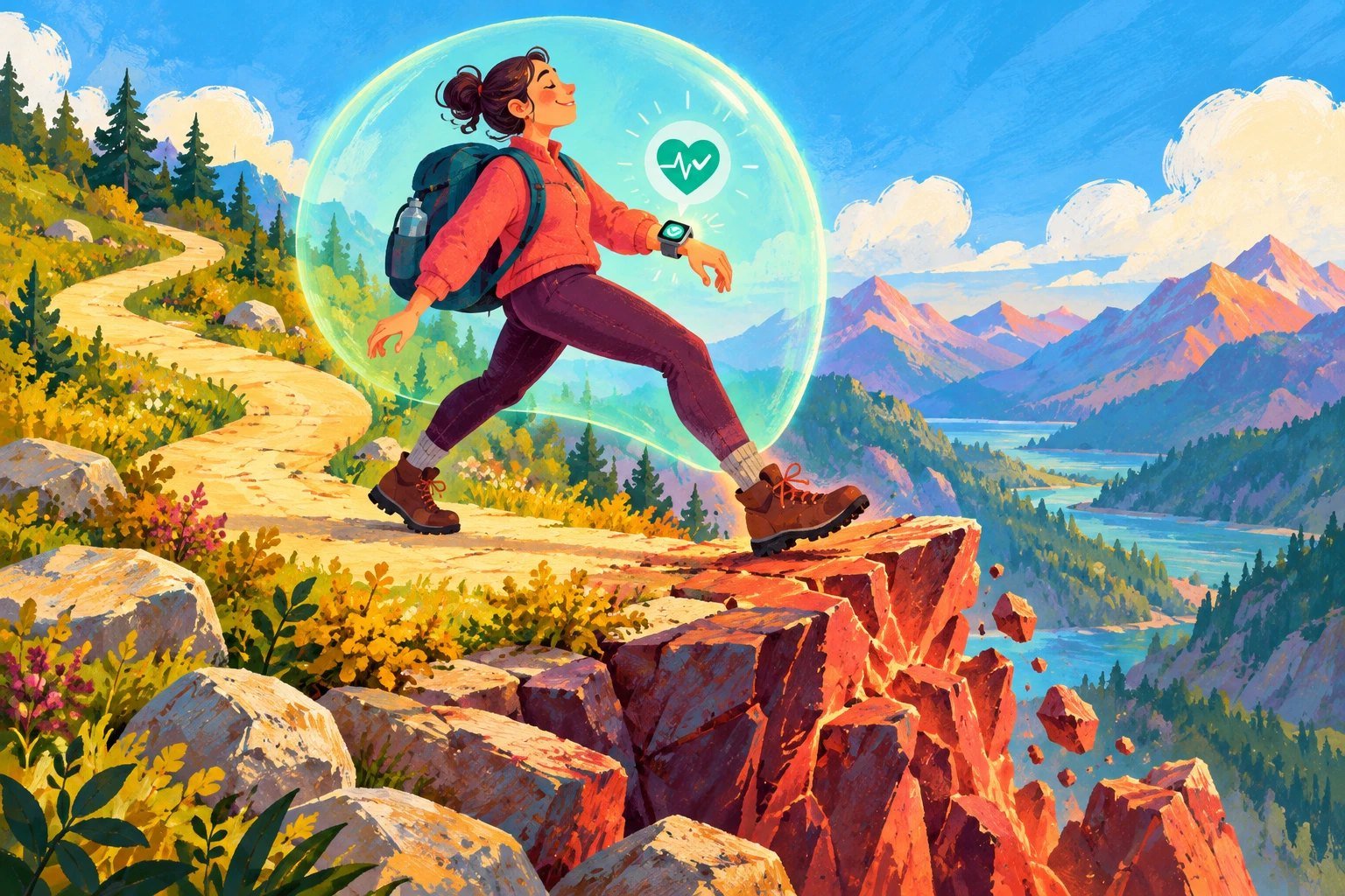 Illustration of a hiker with eyes closed, smiling inside a glowing bubble projected by a smartwatch showing a healthy heart icon, stepping off the crumbling edge of a cliff.