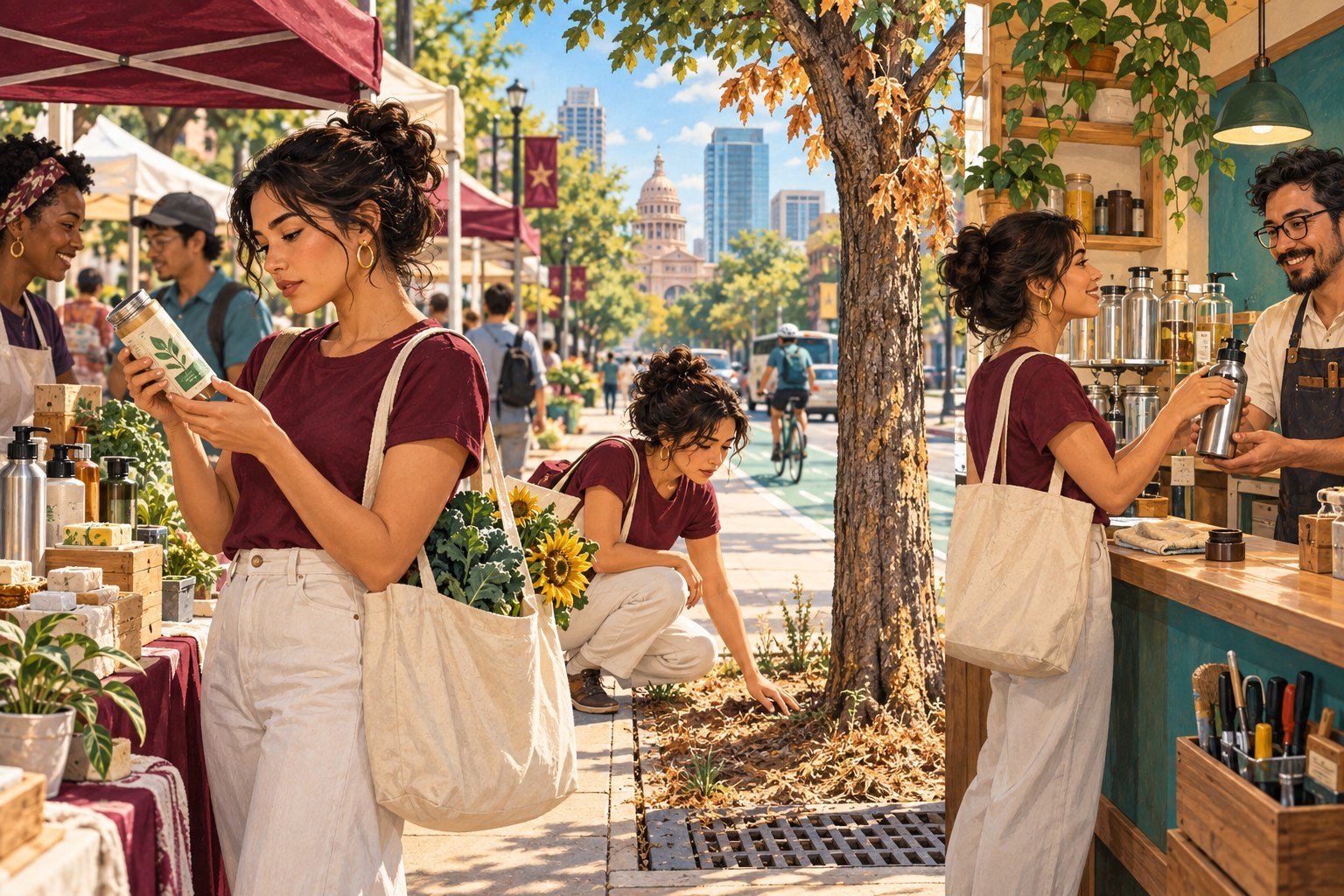 Illustration of shoppers at an outdoor market reading product labels, carrying tote bags, tending plants, and refilling bottles at a zero-waste stall on a tree-lined city street.