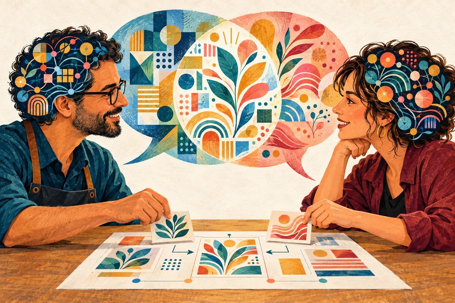 Illustration of two people at a table, each with a differently patterned mind, whose speech bubbles overlap into one shared design as they lay out cards for a project together.