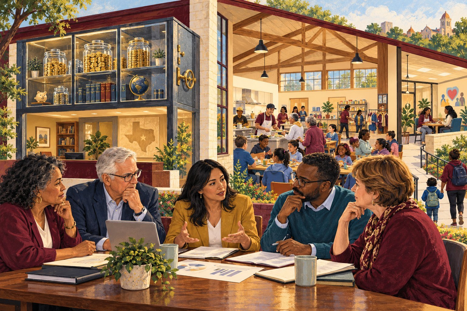 Illustration of a nonprofit board meeting over financial reports, with jars of coins in a glass-front cabinet beside them and a busy community center full of families behind them.