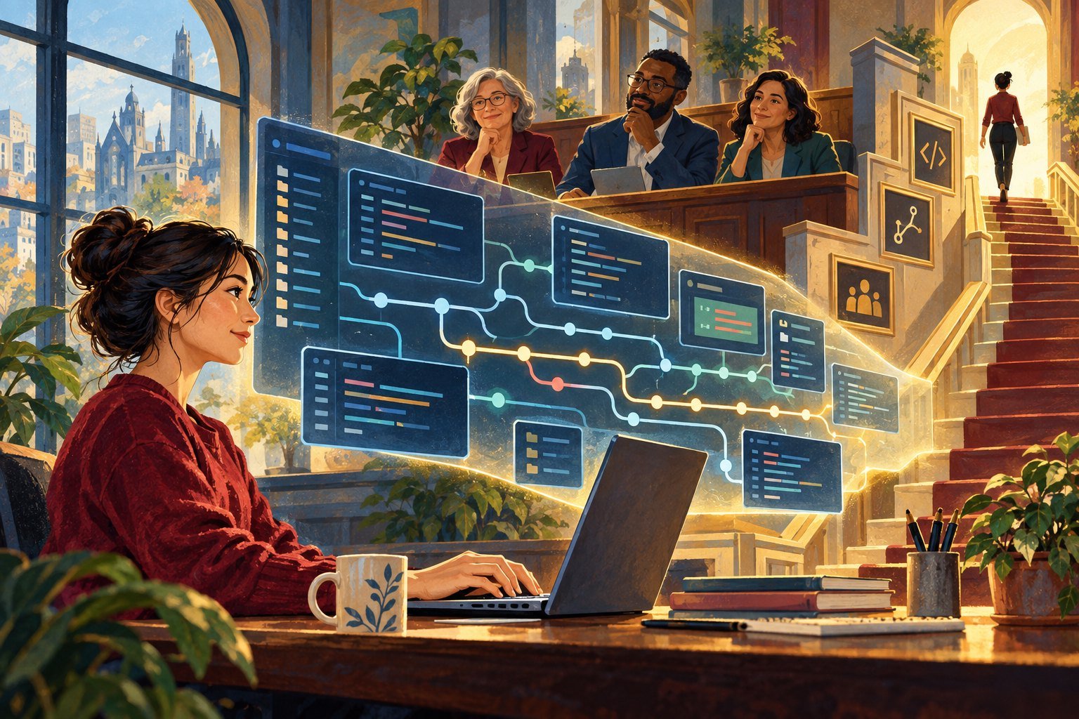 Illustration of a developer at a laptop as a glowing timeline of code contributions rises toward a panel of managers seated on a staircase above.