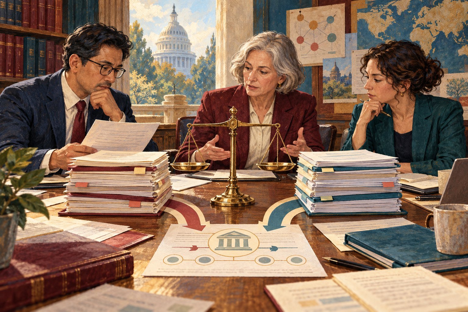 Illustration of three people at a conference table with a set of scales between stacks of case files, and the U.S. Capitol dome visible through the window.
