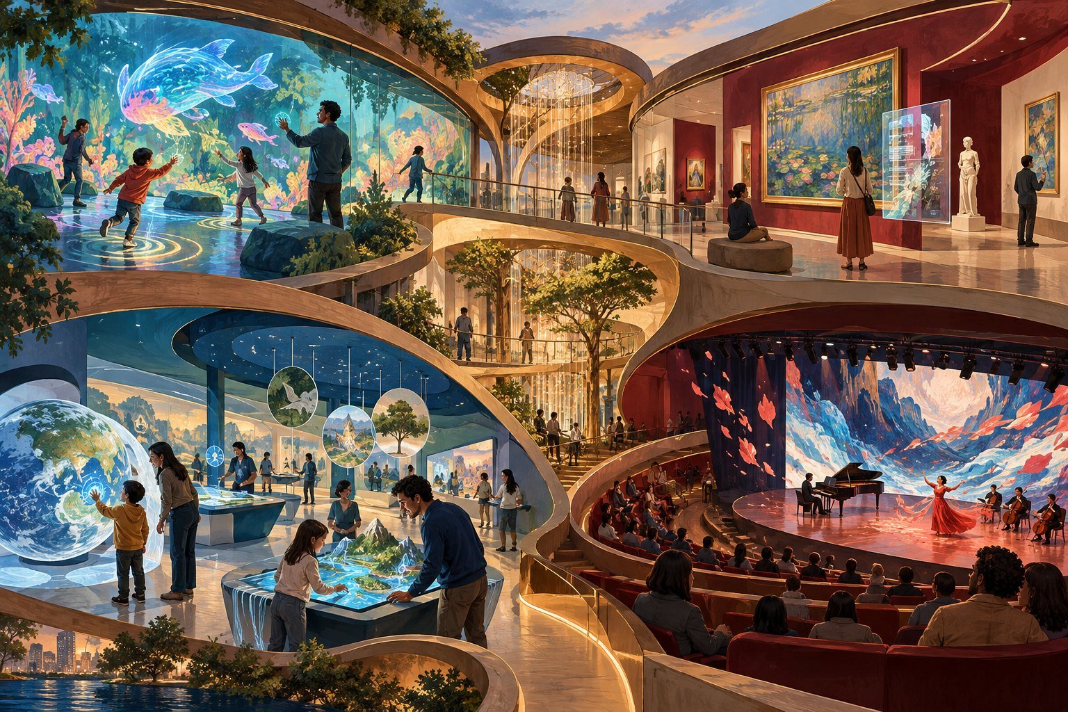 Illustration of a multi-level venue blending physical and digital experiences, with immersive projections, interactive exhibits, a gallery, and a concert hall stage.
