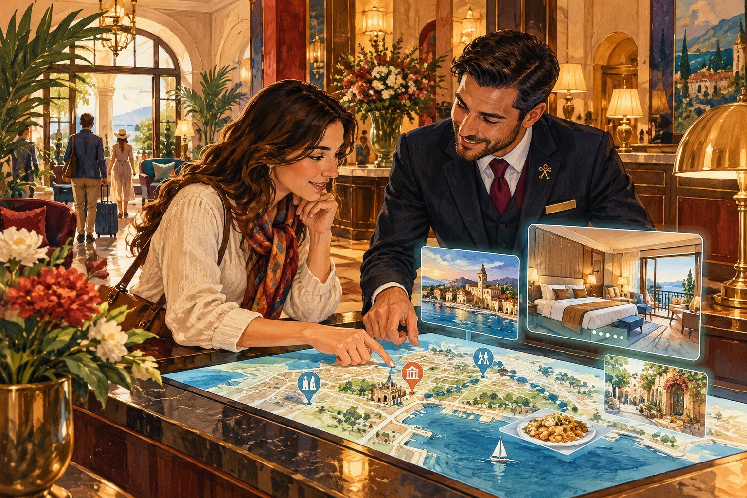 Illustration of a hotel concierge and a guest at a lobby desk exploring an interactive map of a coastal destination with floating images of a room and a village.