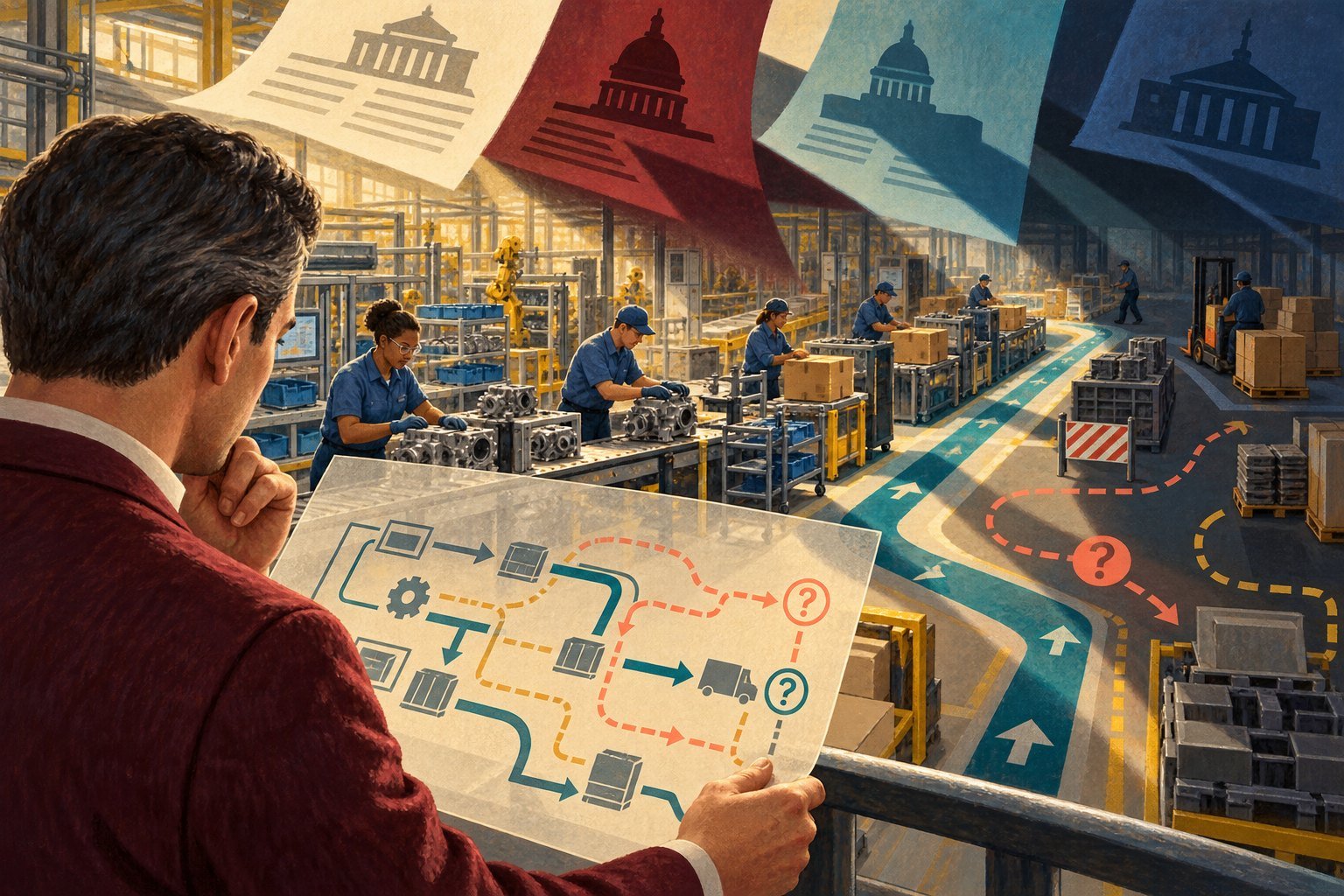 Illustration of a manager on a factory floor studying a process diagram with question marks, beneath banners of government buildings in red, white, and blue.