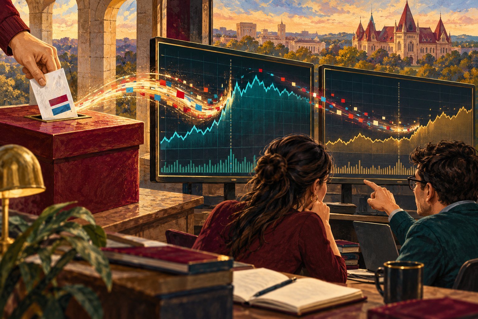 Illustration of a hand dropping a ballot into a box while two analysts study screens showing volatile market charts, with a ribbon of election colors flowing between them.