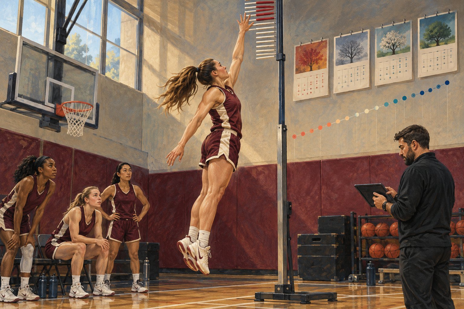 Illustration of a basketball player leaping to touch a vertical jump measuring device in a gym, watched by teammates and a coach with a tablet, with a calendar of the seasons on the wall.