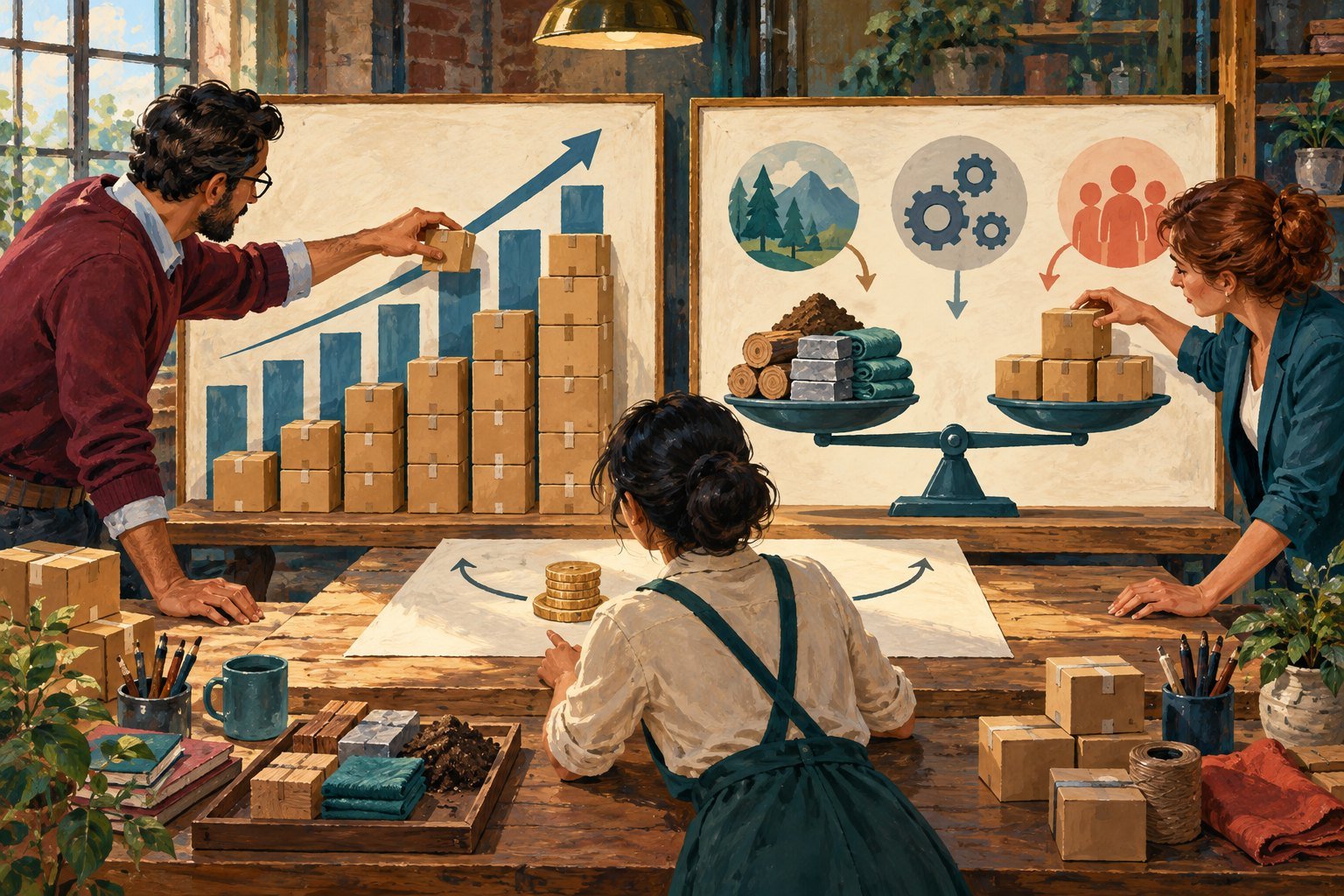 Illustration of three employees setting targets with wooden blocks, one stacking blocks up a rising chart and another balancing resources and outputs on a scale.