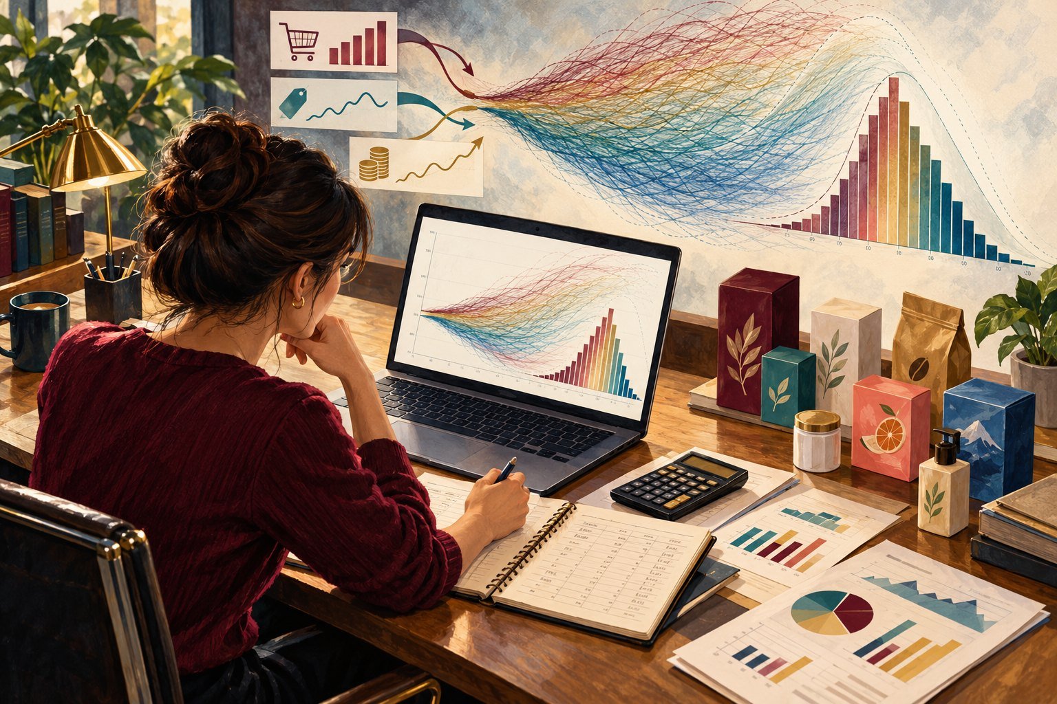 Illustration of an accountant at a laptop running a simulation whose thousands of colored lines fan out into a probability curve on the wall, with product packages and charts on the desk.