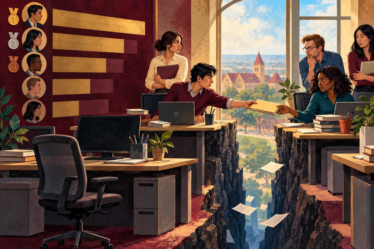 Illustration of an office where a ranking board with medals hangs on the wall and a deep chasm splits the floor between desks, as one employee reaches across the gap to hand a coworker a document.