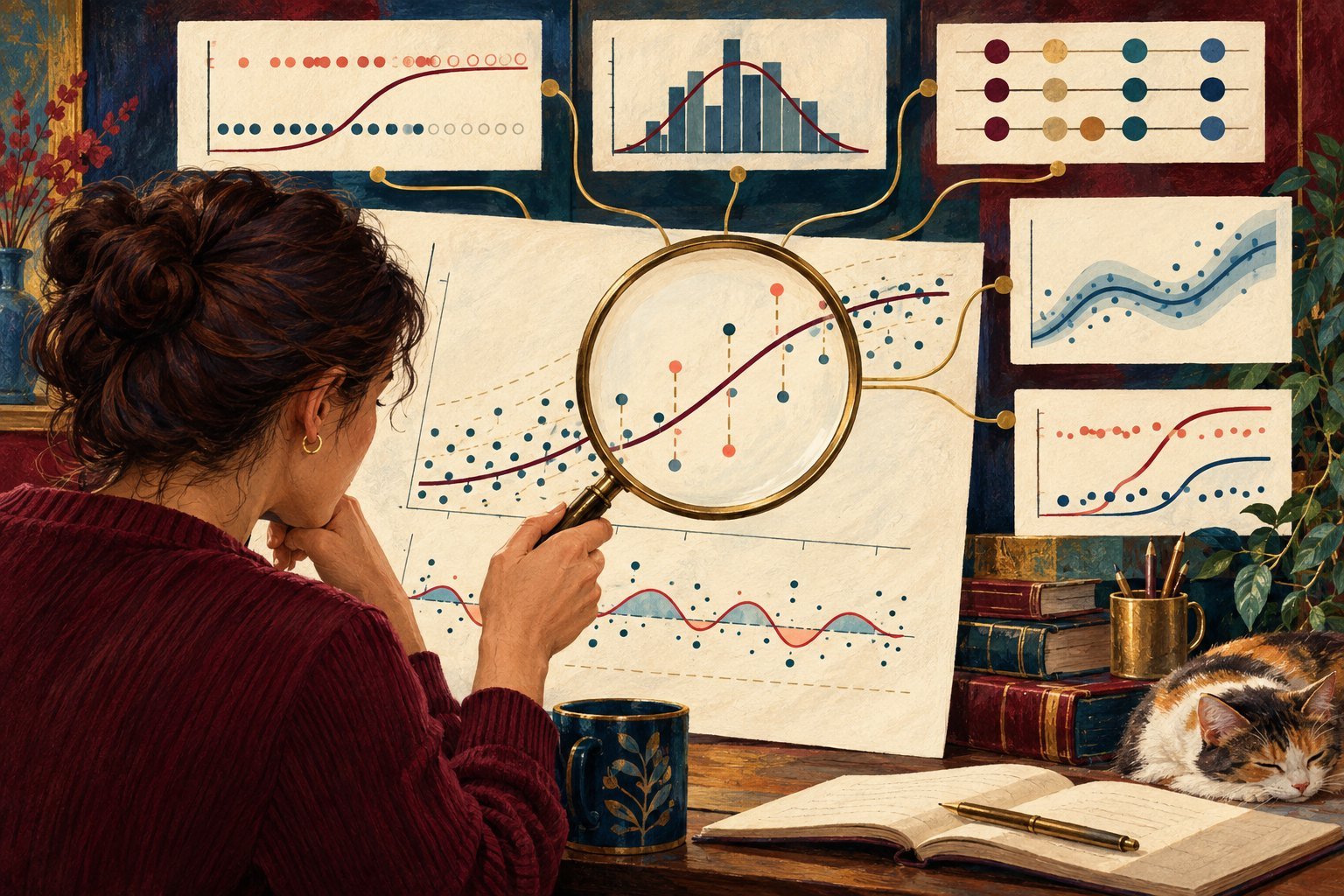 Illustration of an analyst holding a magnifying glass over a scatter plot of residuals, surrounded by smaller charts of dot patterns, histograms, and curves pinned to the wall.