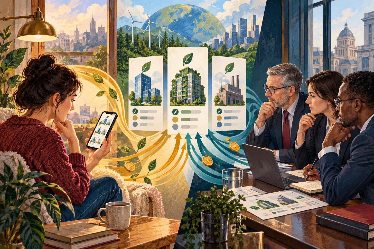 Illustration of a retail investor on a couch reviewing green company rankings on a phone, opposite three institutional investors at a boardroom table, with a globe between them.