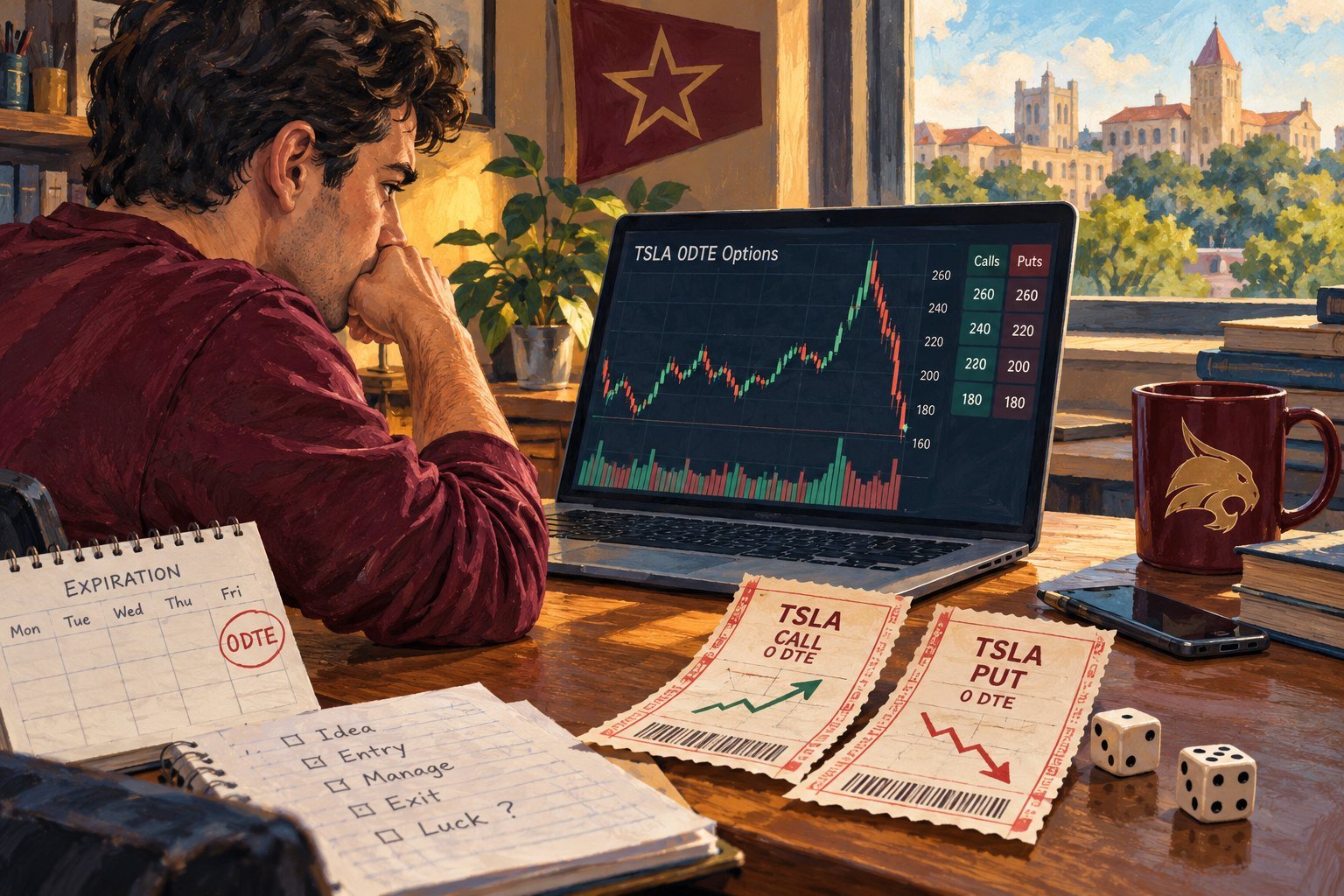 Illustration of a young trader staring at a laptop showing a volatile options chart, with lottery-style call and put tickets, dice, and a calendar marked with expiration dates on the desk.