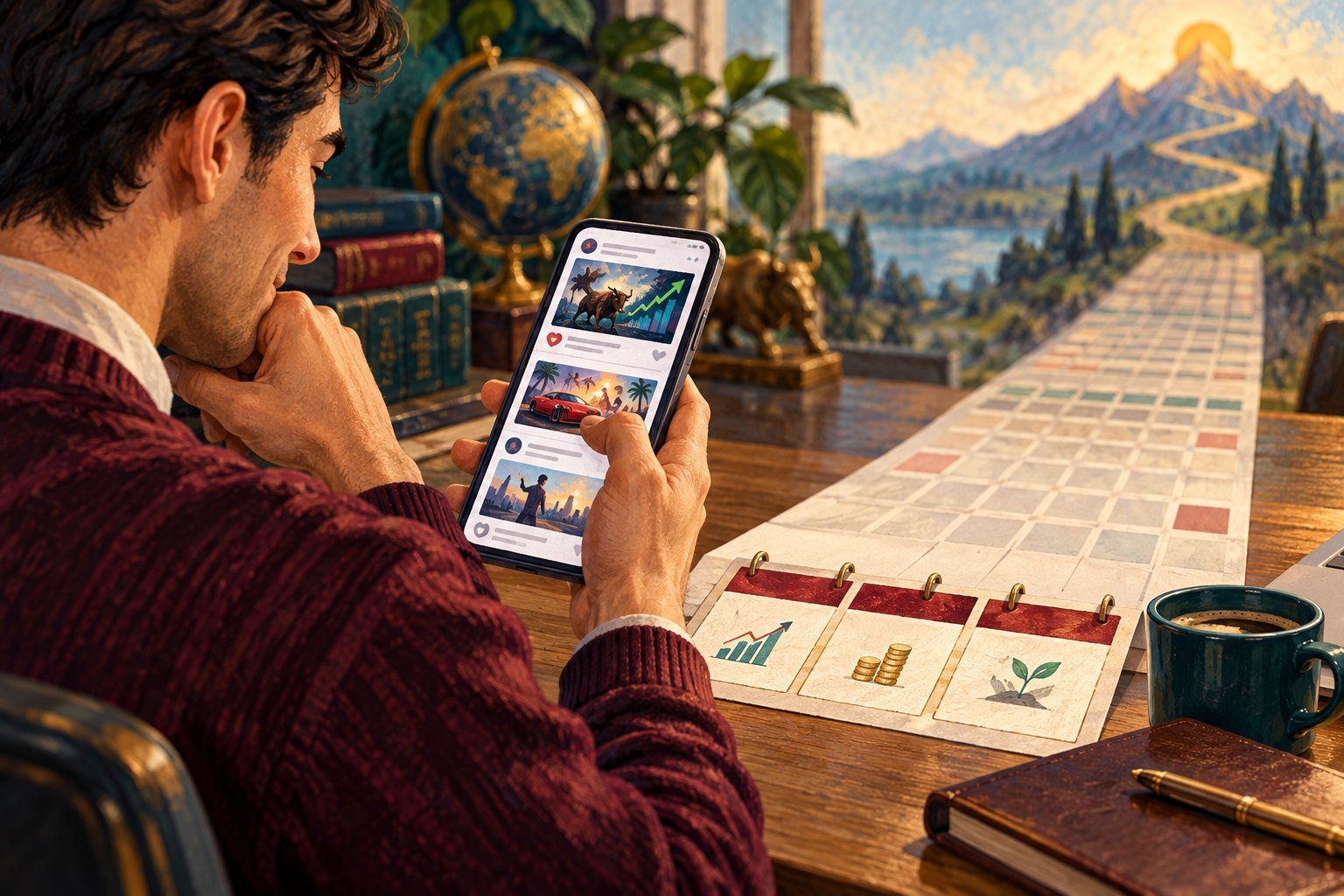 Illustration of a young investor scrolling a phone feed of stock tips, beside a long calendar path stretching toward distant mountains and a rising sun.
