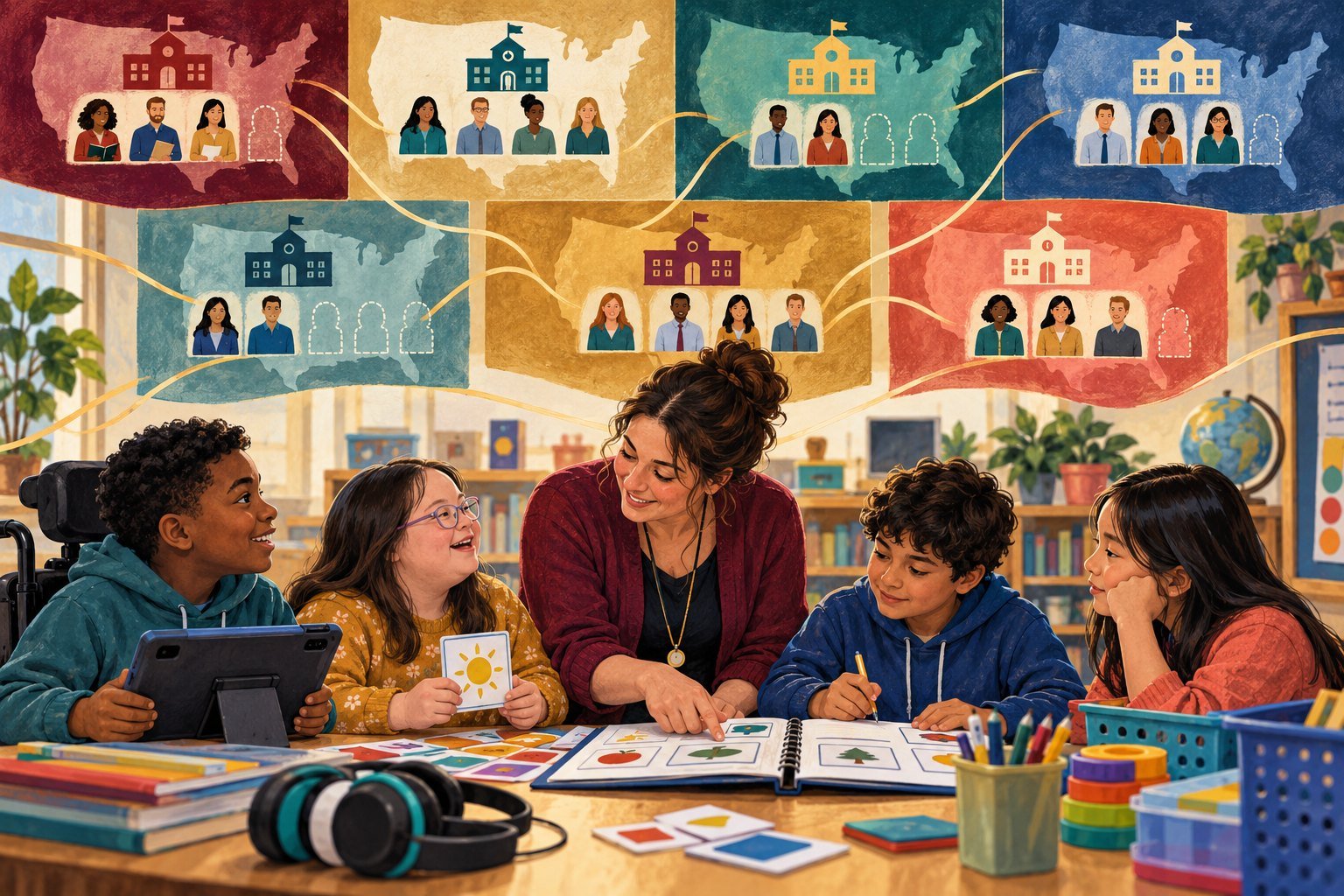 Illustration of a teacher working with four children at a classroom table, beneath a wall of seven state-shaped maps each showing its own group of teachers.