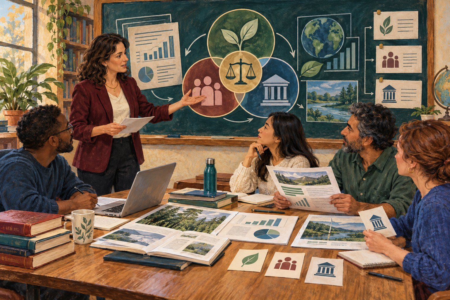 Illustration of an instructor at a chalkboard showing planet, people, and profit circles, teaching four adult students who review sustainability reports at a table.