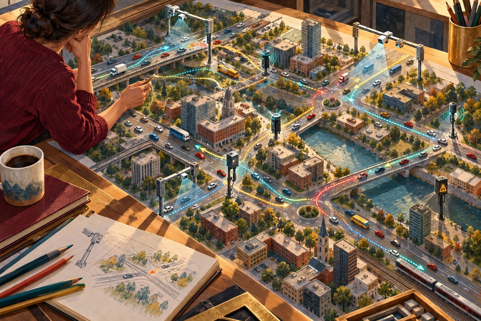 Illustration of a planner studying a detailed model city on a desk, with traffic sensors on poles casting beams over roads, bridges, and intersections.