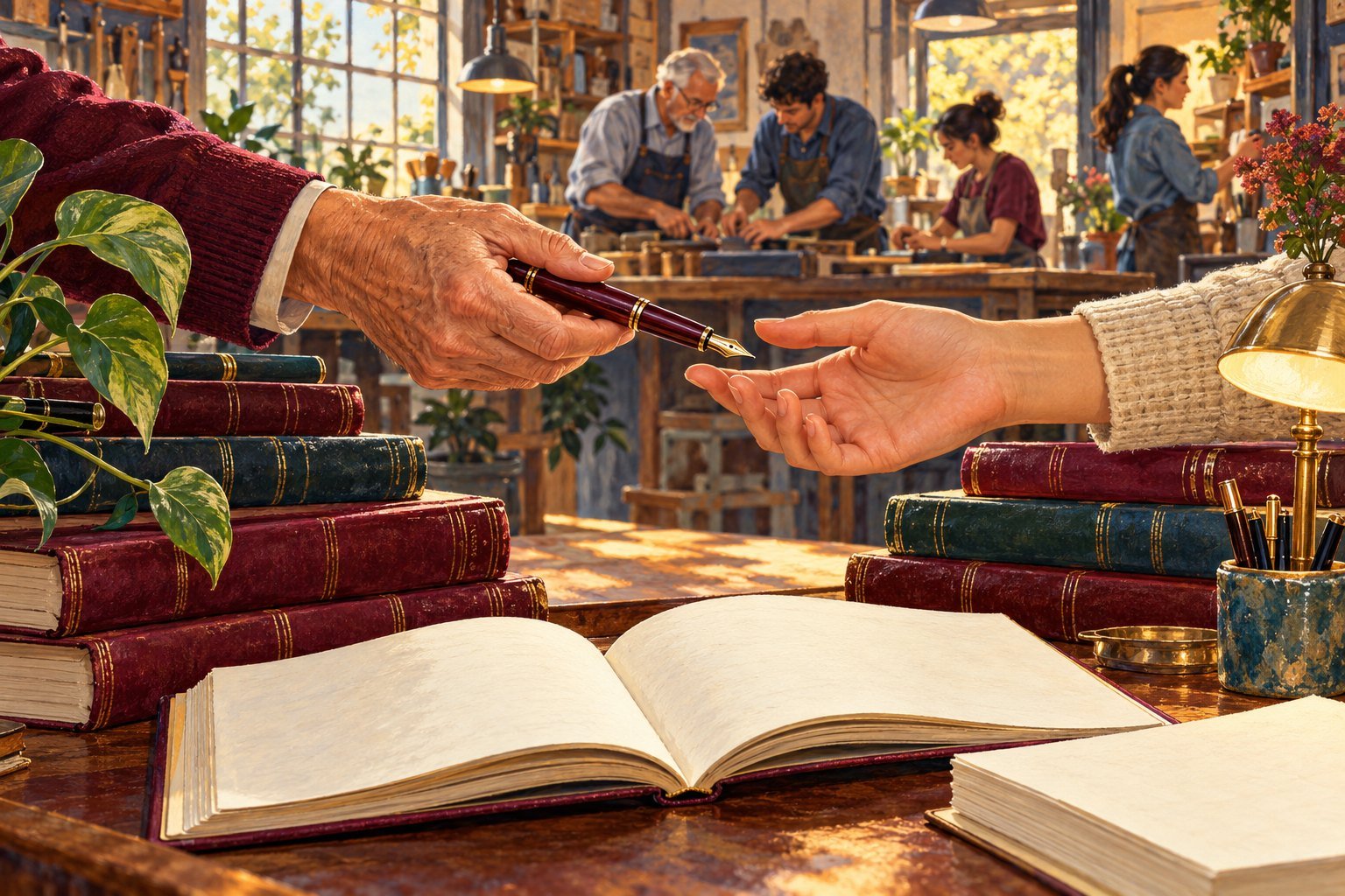Illustration of an older hand passing a fountain pen to a younger hand across an open book, with a family workshop and several generations at work in the background.