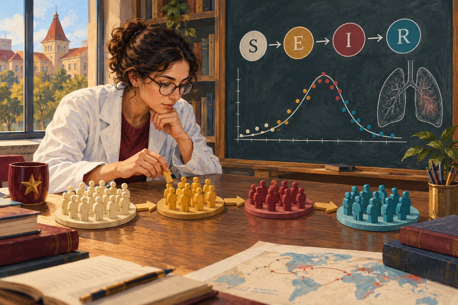 Illustration of a researcher in a lab coat arranging groups of small figures in four colors on a table, beneath a chalkboard showing the S, E, I, R stages of an epidemic model and an infection curve.